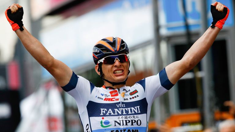 Damiano Cima jubilates as he finishes first in the 18th stage of the 2019 Giro d'Italia