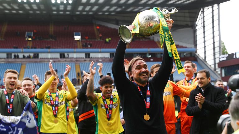 Manager Daniel Farke lifts the Sky Bet EFL Championship trophy as Norwich City are crowned champions