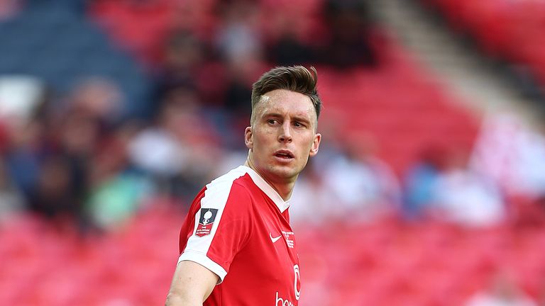 Daniel Parslow of York City in action during The Buildbase FA Trophy Final against Macclesfield Town in 2017
