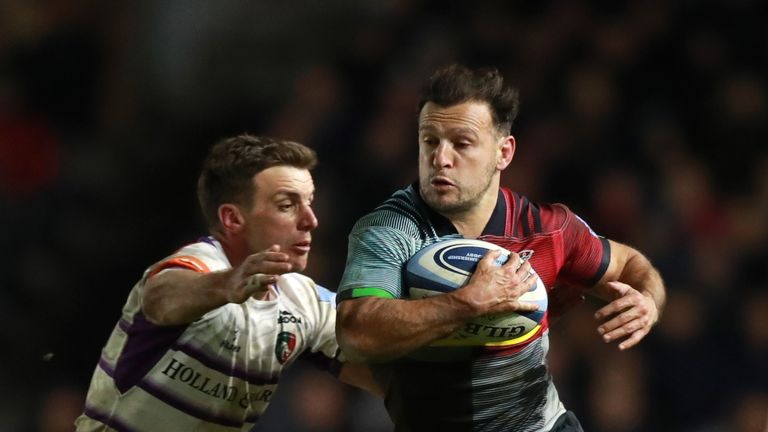 Danny Care of Harlequins takes on Leicester Tigers' George Ford during the Gallagher Premiership Rugby match between at Twickenham Stoop on May 03, 2019