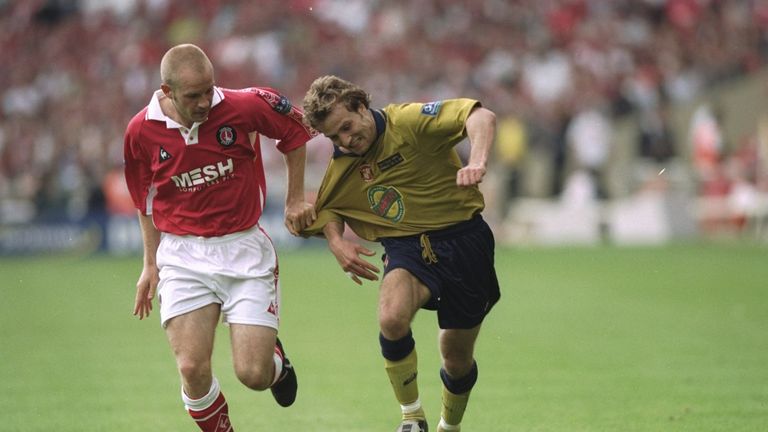 Danny Mills and Michael Gray battle during the 1998 Division One play-off final