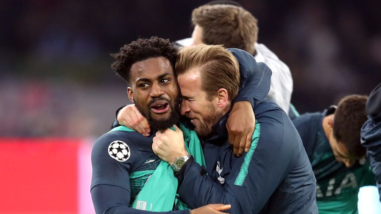 Tottenham Hotspur's Danny Rose (left) and Harry Kane celebrate after the final whistle during the UEFA Champions League Semi Final, second leg match at Johan Cruijff ArenA, Amsterdam