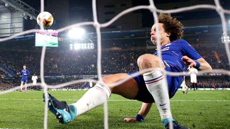 Luiz clears off the line against Eintracht Frankfurt at Stamford Bridge on Thursday