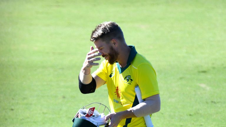  David Warner of Australia looks dejected after being dismissed during the Cricket World Cup One Day Practice Match between Australia and New Zealand at Allan Border Field on May 08, 2019 in Brisbane