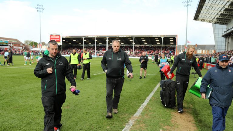 GLOUCESTER, ENGLAND - MAY 04: Dean Richards, Newcastle Falcons Director of Rugby (C) is seen after the Gallagher Premiership Rugby match between Gloucester Rugby and Newcastle Falcons at Kingsholm Stadium on May 04, 2019 in Gloucester, United Kingdom. (Photo by David Rogers/Getty Images)
