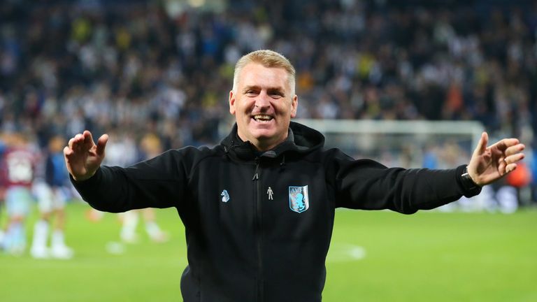 Dean Smith, Manager of Aston Villa celebrates victory in the penalty shoot out after the Sky Bet Championship Play-off semi final second leg match between West Bromwich Albion and Aston Villa at The Hawthorns on May 14, 2019 in West Bromwich, England