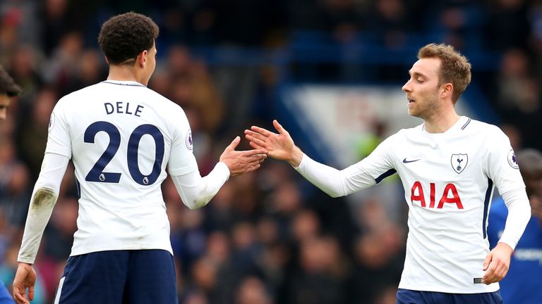 Dele Alli and Christian Eriksen during the Premier League match between Chelsea and Tottenham Hotspur at Stamford Bridge on April 1, 2018 in London, England.