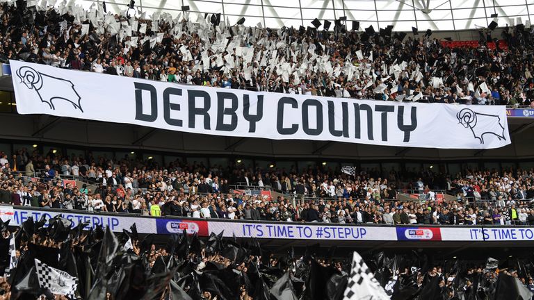 Derby County fans take their seats ahead of the Sky Bet Championship Play-off Final vs Aston Villa
