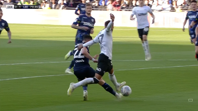 Derby full-back Jayden Bogle was denied a second half penalty in the 1-0 Championship play-off defeat to Leeds.