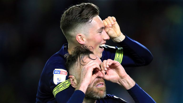 Derby County&#39;s Richard Keogh and Harry Wilson (top) make binocular gestures in reference to &#39;spygate&#39;