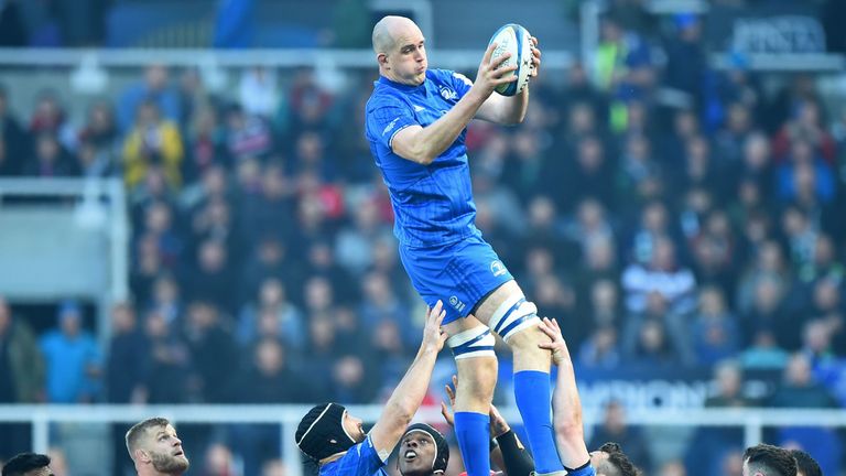 Leinster's Irish lock Devin Toner wins line-out ball during the European Rugby Champions Cup final match between Leinster and Saracens at St James Park stadium in Newcastle-upon-Tyne, north east England on May 11, 2019. (Photo by ANDY BUCHANAN / AFP) (Photo credit should read ANDY BUCHANAN/AFP/Getty Images)