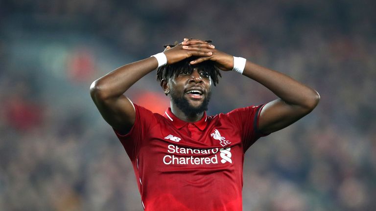 LIVERPOOL, ENGLAND - FEBRUARY 27: Divock Origi of Liverpool reacts during the Premier League match between Liverpool FC and Watford FC at Anfield on February 27, 2019 in Liverpool, United Kingdom. (Photo by Clive Brunskill/Getty Images)
