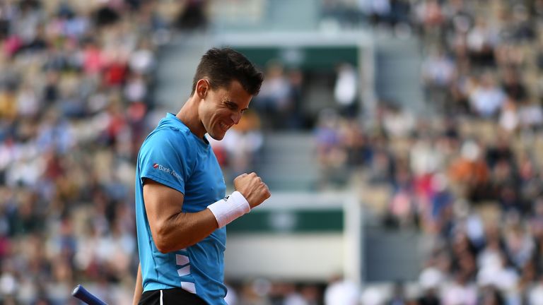 Austria's Dominic Thiem reacts during his men's singles first round match against Tommy Paul of the US on day two of The Roland Garros 2019 French Open tennis tournament in Paris on May 27, 2019. 