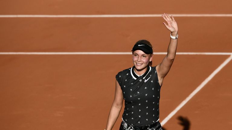 Croatia's Donna Vekic celebrates after winning against Switzerland's Belinda Bencic during their women's singles third round match on day six of The Roland Garros 2019 French Open tennis tournament in Paris on May 31, 2019.