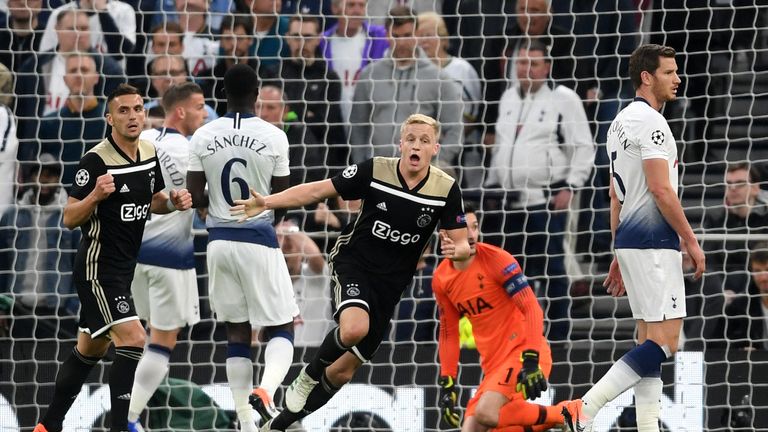 Donny van de Beek celebrates his goal against Spurs