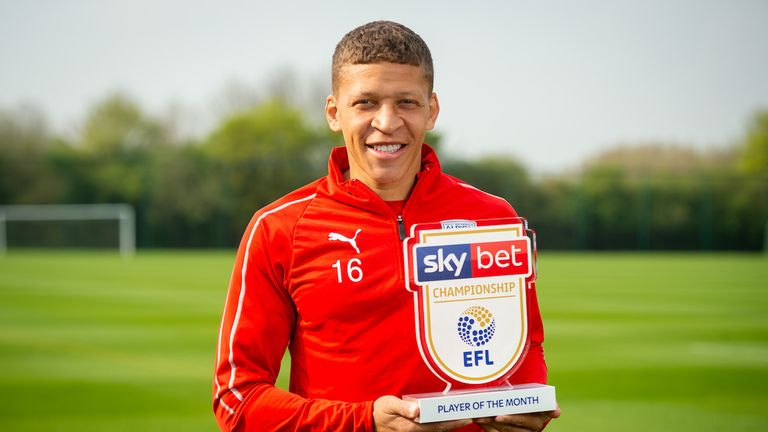 Dwight Gayle receives his Sky Bet Championship Player of the Month award for April 2019 - Ryan Hiscott/JMP - 01/05/2019 - SPORT - West Bromwich Albion Training Ground - Bristol, England - Sky Bet Championship Player of the Month April 2019 Dwight Gayle