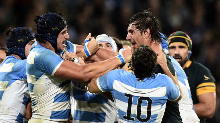 South Africa's lock Eben Etzebeth (R) has words with Argentina's lock Tomas Lavanini during the bronze medal match of the 2015 Rugby World Cup between South Africa and Argentina at the Olympic Stadium, east London, on October 30, 2015. 