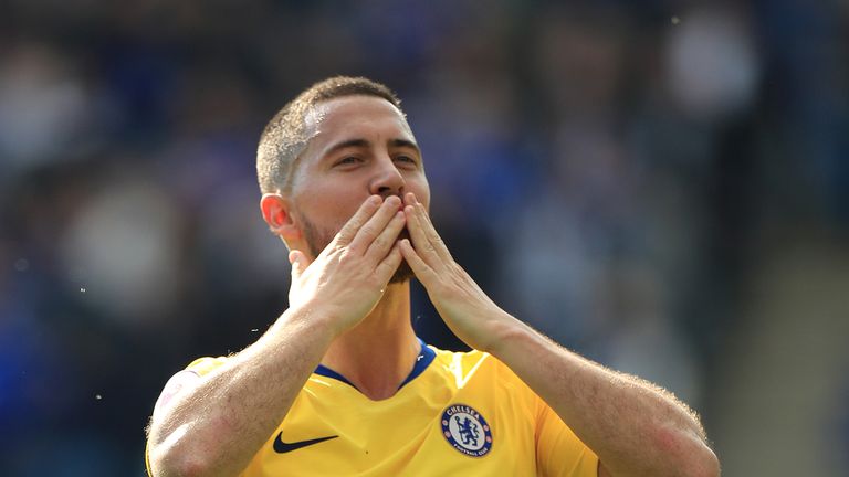 Chelsea&#39;s Eden Hazard blows kisses to the club&#39;s fans after the draw with Leicester.