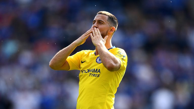 Eden Hazard of Chelsea acknowledges the fans after the Premier League match between Leicester City and Chelsea FC at The King Power Stadium on May 12, 2019 in Leicester, United Kingdom. 