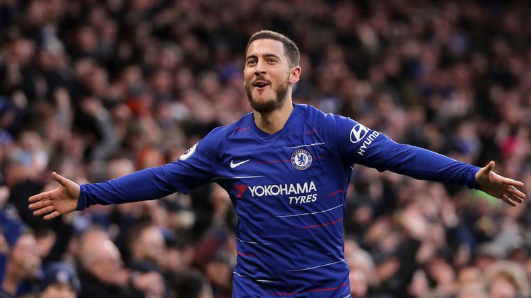 Eden Hazard celebrates during the Premier League match between Chelsea FC and Huddersfield Town at Stamford Bridge on February 2, 2019 in London, United Kingdom