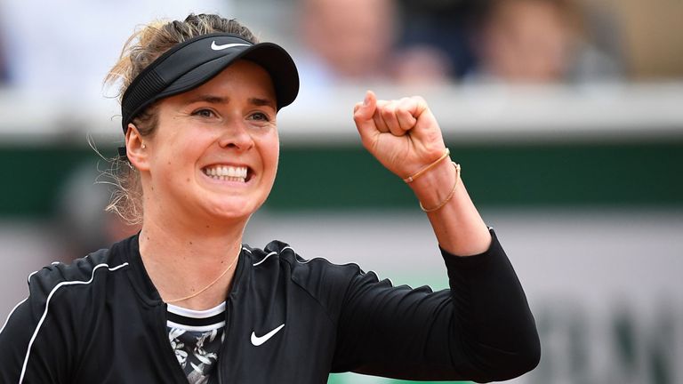 Ukraine's Elina Svitolina celebrates after winning against Venus Williams of the US during their women's singles first round match on day 1 of The Roland Garros 2019 French Open tennis tournament in Paris on May 26, 2019.