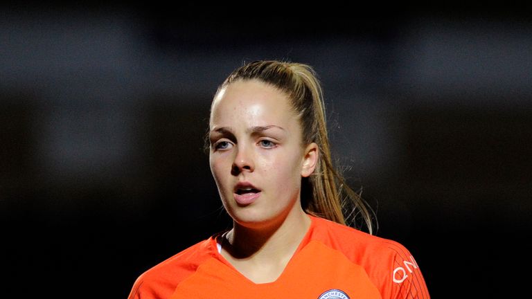 Ellie Roebuck of Manchester City looks on during the FA Women's Super League match between Reading Women and Manchester City Women at Adams Park on March 13, 2019 in High Wycombe, England. 