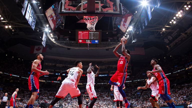 Joel Embiid of the Philadelphia 76ers shoots the ball against the Toronto Raptors during Game Seven of the Eastern Conference Semifinals of the 2019 NBA Playoffs