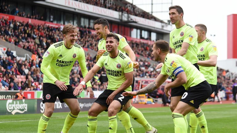 Enda Stevens celebrates his late strike for the Blades in the Potteries