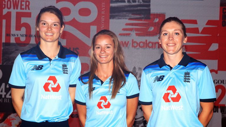 England women's Amy Jones, Danielle Wyatt and Heather Knight model the New Balance England kit ahead of the Cricket World Cup