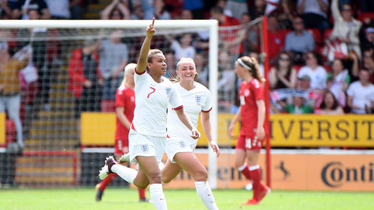 Nikita Parris celebrates giving England the lead on the stroke of half time