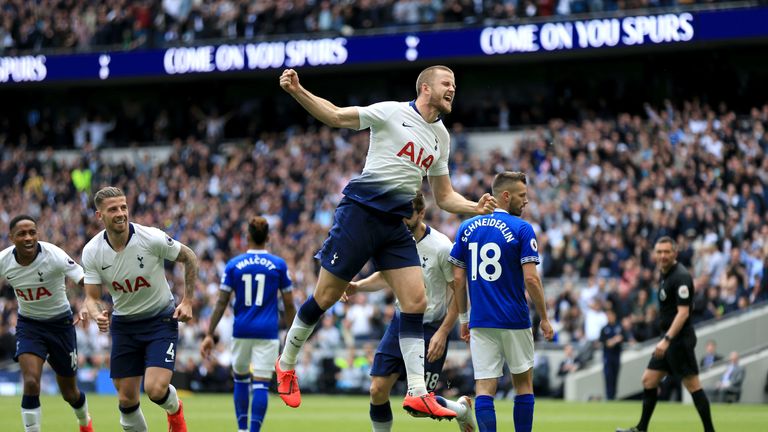 Eric Dier celebrates after giving Spurs the lead at home to Everton