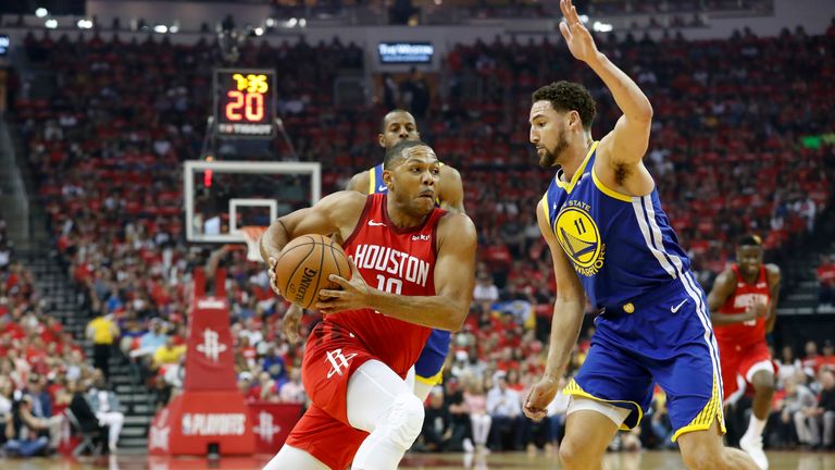 Eric Gordon #10 of the Houston Rockets drives to the basket defended by Klay Thompson #11 of the Golden State Warriors in the first half during Game Three of the Second Round of the 2019 NBA Western Conference Playoffs at Toyota Center on May 4, 2019 in Houston, Texas.