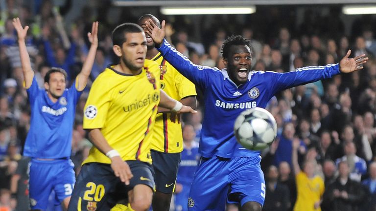 Essien appeals for handball against Gerard Pique but the calls fell on deaf ears