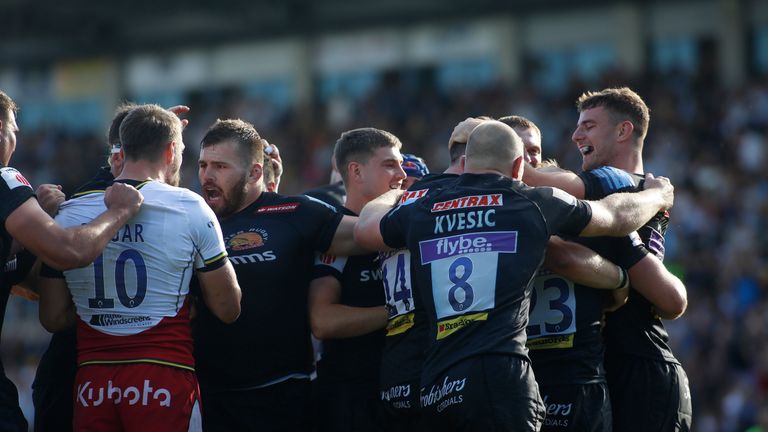 Exeter Chiefs players celebrate their 6th Try during the Gallagher Premiership, Semi-final match at Sandy Park, Exeter. PRESS ASSOCIATION Photo. Picture date: Saturday May 25, 2019. See PA story RUGBYU Exeter. Photo credit should read: Julian Herbert/PA Wire. RESTRICTIONS: Editorial use only. No commercial use.