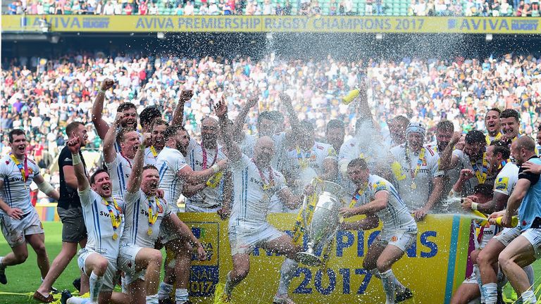 LONDON, ENGLAND - MAY 27: Exeter Chiefs celebrate winning the Aviva Premiership Final match between Wasps and Exeter Chiefs at Twickenham Stadium on May 27, 2017 in London, England. (Photo by Tony Marshall/Getty Images)