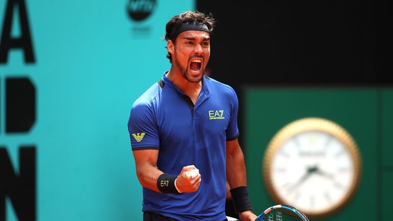Fabio Fognini of Italy celebrates in his match against Kyle Edmund of Great Britain during day four of the Mutua Madrid Open at La Caja Magica on May 07, 2019 in Madrid, Spain