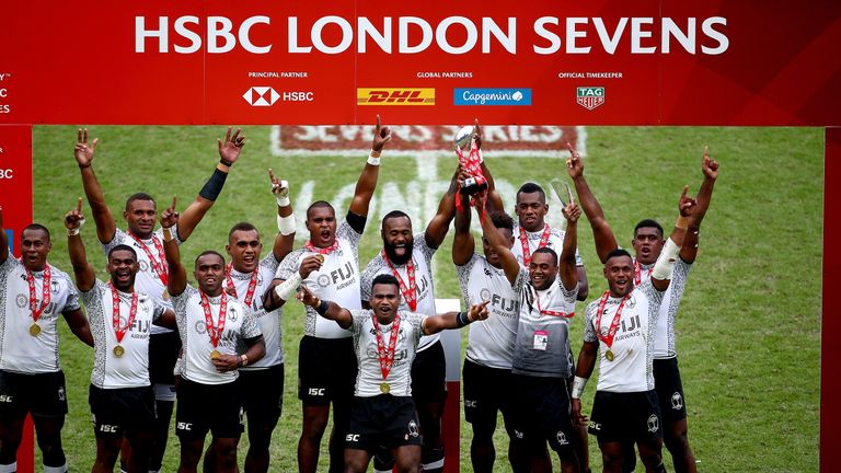  Fiji lift the 2028 trophy after victory in the Cup Final match between Fiji and South Africa