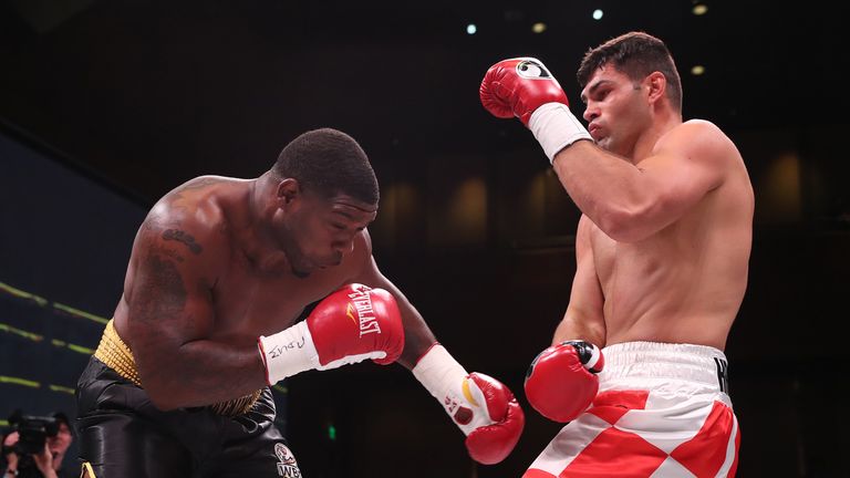 May 25, 2019; Oxon Hill, MD;  Filip Hrgovic and Gregory Corbin during their bout at the MGM National Harbor in Oxon Hill, MD.  Mandatory Credit: Ed Mulholland/Matchroom Boxing USA