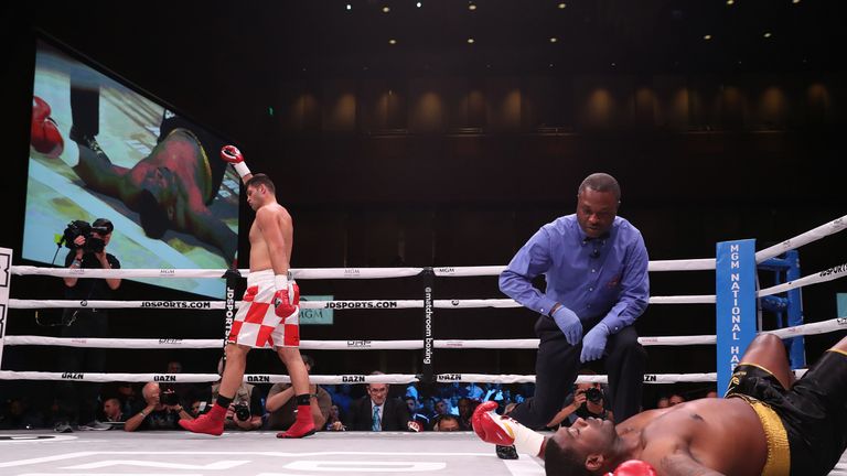 May 25, 2019; Oxon Hill, MD;  Filip Hrgovic and Gregory Corbin during their bout at the MGM National Harbor in Oxon Hill, MD.  Mandatory Credit: Ed Mulholland/Matchroom Boxing USA