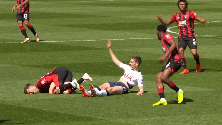 Juan Foyth sees red for a challenge on Jack Simpson in Tottenham's match at Bournemouth.