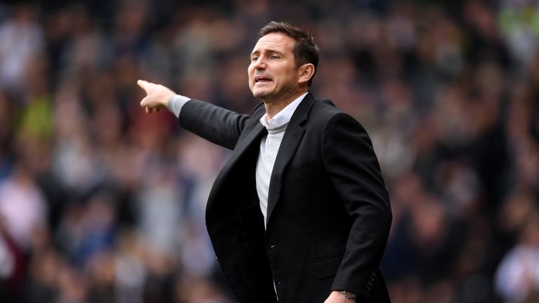 Frank Lampard gives his team instructions during Derby County's final game of the 2018/19 Sky Bet Championship season at home to West Brom