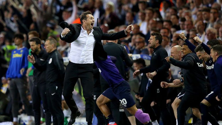 Frank Lampard celebrates leading Derby to the Championship play-off finals at full-time