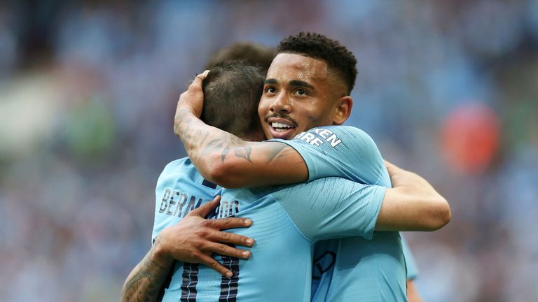 Gabriel Jesus celebrates with team-mate Bernardo Silva after scoring Manchester City's second goal during the FA Cup Final