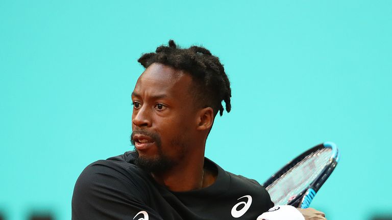 Gael Monfils of France in action against Andreas Seppi of Italy during day three of the Mutua Madrid Open at La Caja Magica on May 06, 2019 in Madrid, Spain