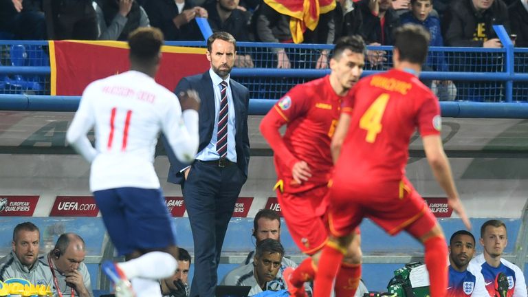 Gareth Southgate manager of England looks on from the touchline during the 2020 UEFA European Championships Group A qualifying match between Montenegro and England at Podgorica City Stadium on March 25, 2019 in Podgorica, Montenegro