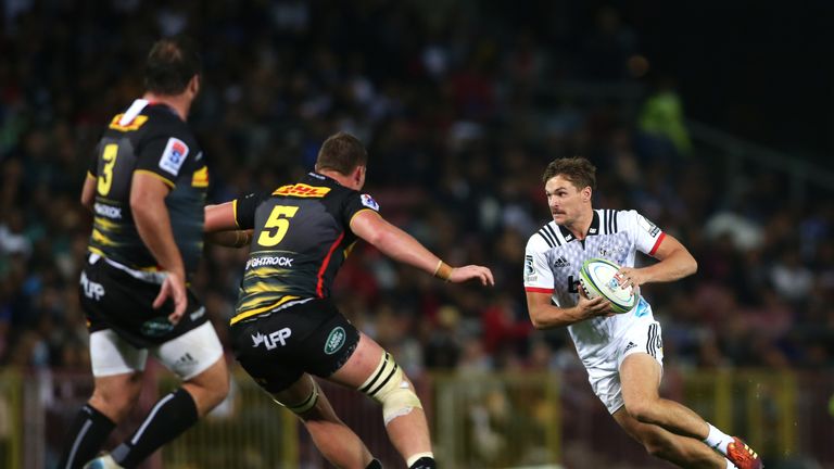 CAPE TOWN, SOUTH AFRICA - MAY 18: George Bridge of the Crusaders attempts to get past Cobus Wiese of the Stormers during the Super Rugby match between DHL Stormers and Crusaders at DHL Newlands Stadium on May 18, 2019 in Cape Town, South Africa. (Photo by Shaun Roy/Gallo Images)