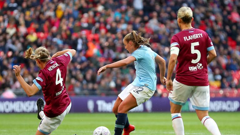 Georgia Stanway of Manchester City Women scores her team's second goal during the Women's FA Cup Final match between Manchester City Women and West Ham United Ladies