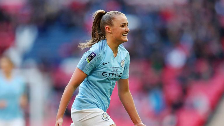 Georgia Stanway of Manchester City Women celebrates after scoring her team's second goal during the Women's FA Cup Final match between Manchester City Women and West Ham United Ladies 