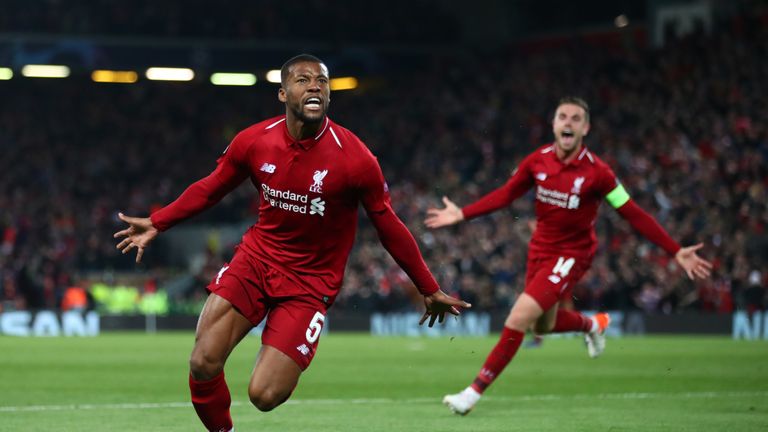 Georginio Wijnaldum celebrates after scoring in Liverpool's 4-0 win over Barcelona at Anfield