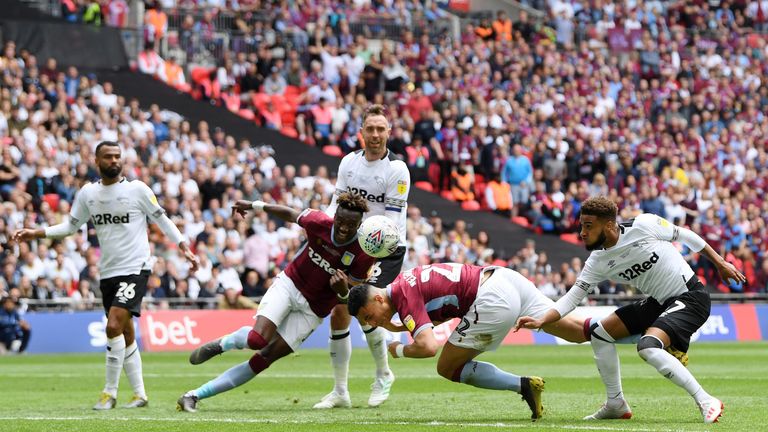 LONDON, ENGLAND - MAY 27: Anwar El Ghazi of Aston Villa scores his team's first goal during the Sky Bet Championship Play-off Final match between Aston Villa and Derby County at Wembley Stadium on May 27, 2019 in London, United Kingdom. (Photo by Mike Hewitt/Getty Images)